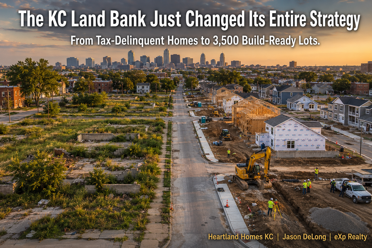 Aerial view of Kansas City neighborhood redevelopment showing vacant overgrown lots transitioning into affordable new construction homes and infrastructure improvements under the KC Land Bank redevelopment strategy.