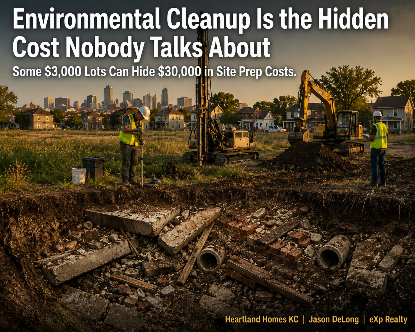 Environmental cleanup and soil testing on a vacant Kansas City lot revealing buried demolition debris, concrete foundations, and hidden site preparation costs before affordable housing construction.