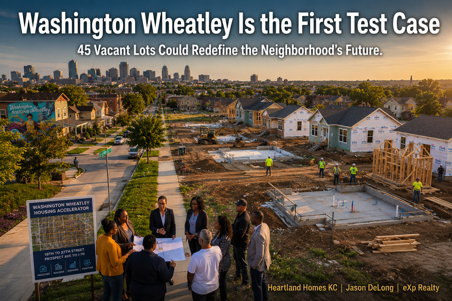 Aerial view of Washington Wheatley neighborhood revitalization in Kansas City showing affordable new construction homes, vacant lot redevelopment, and community-led housing investment near downtown KC.