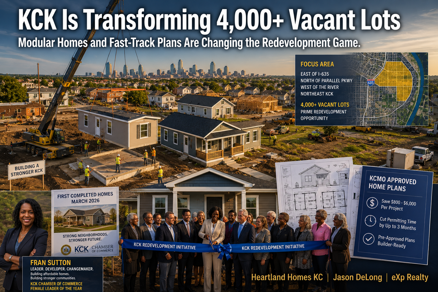 Aerial view of Kansas City Kansas redevelopment featuring modular affordable homes, vacant lot revitalization, ribbon-cutting ceremony, and fast-track housing plans transforming over 4,000 urban lots in KCK.