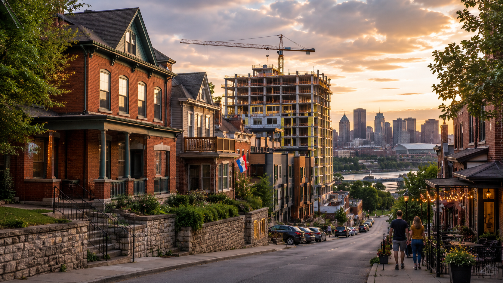 Historic Strawberry Hill neighborhood in Kansas City, KS featuring brick homes, modern infill development, walkable streets, and downtown skyline views at golden hour.