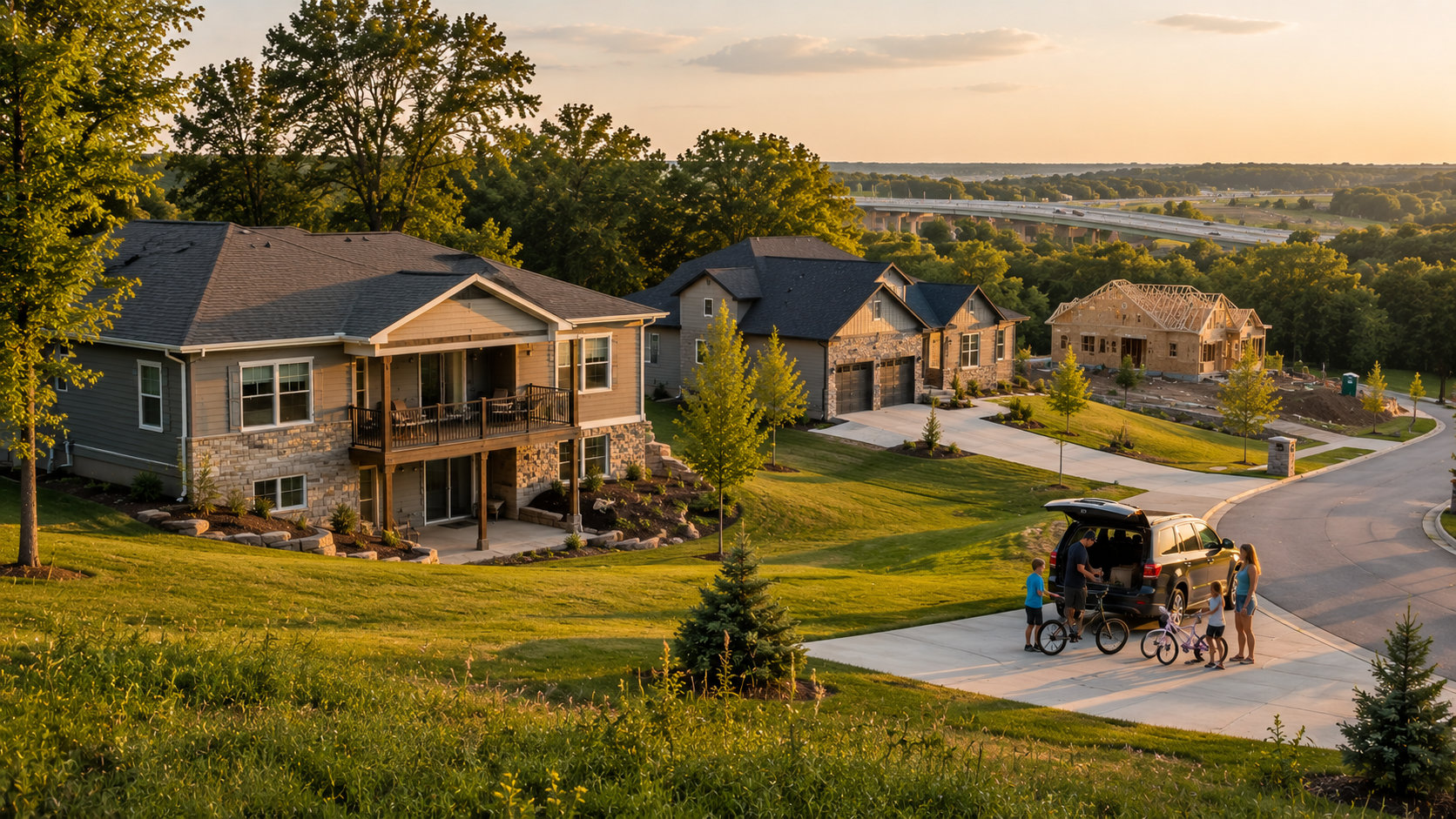 New construction homes in Edwardsville, Kansas featuring large wooded lots, suburban streets, walk-out basements, and growing residential developments near Kansas City.