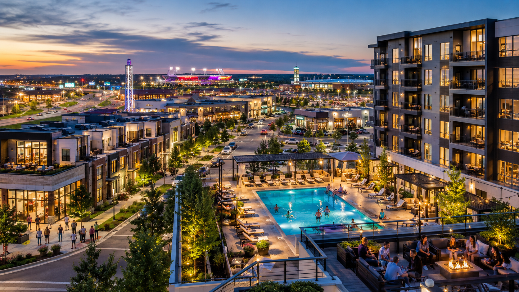 Luxury apartments and modern townhomes near the Legends Outlets in Kansas City, KS featuring resort-style amenities, walkable entertainment, and vibrant mixed-use living.