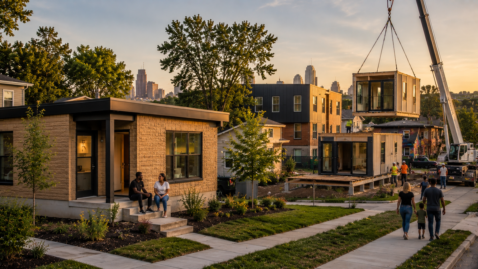 Modern modular workforce housing development in central Kansas City, KS featuring sustainable compact homes, innovative construction methods, and urban neighborhood revitalization.