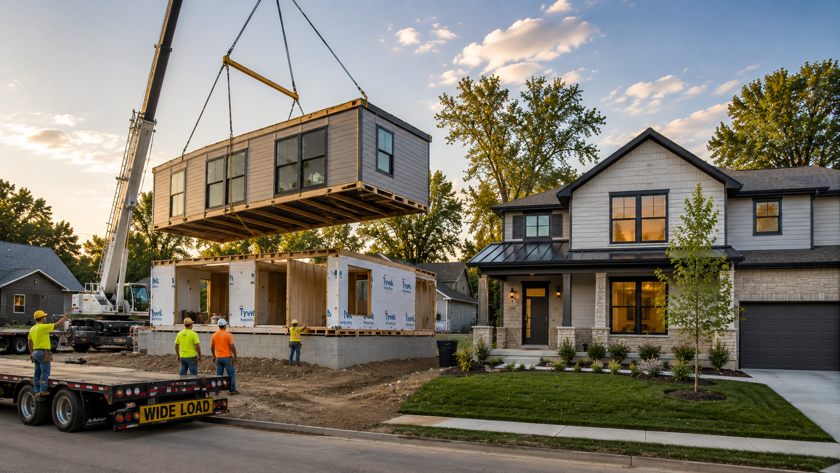 Modern modular home installation in Kansas City featuring crane-set factory-built housing on a permanent foundation beside a completed suburban home built to IRC code standards.