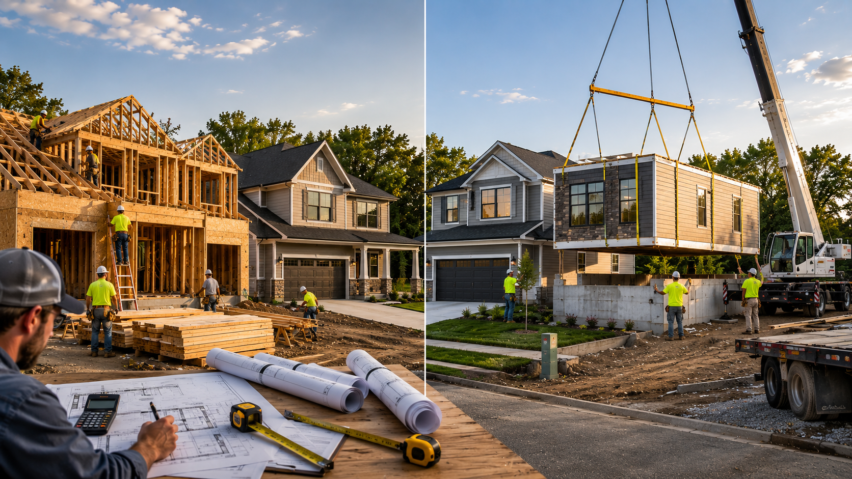 Side-by-side comparison of stick-built and modular home construction in Kansas City showing traditional framing crews, crane-set modular installation, and modern suburban homes built to similar quality standards.
