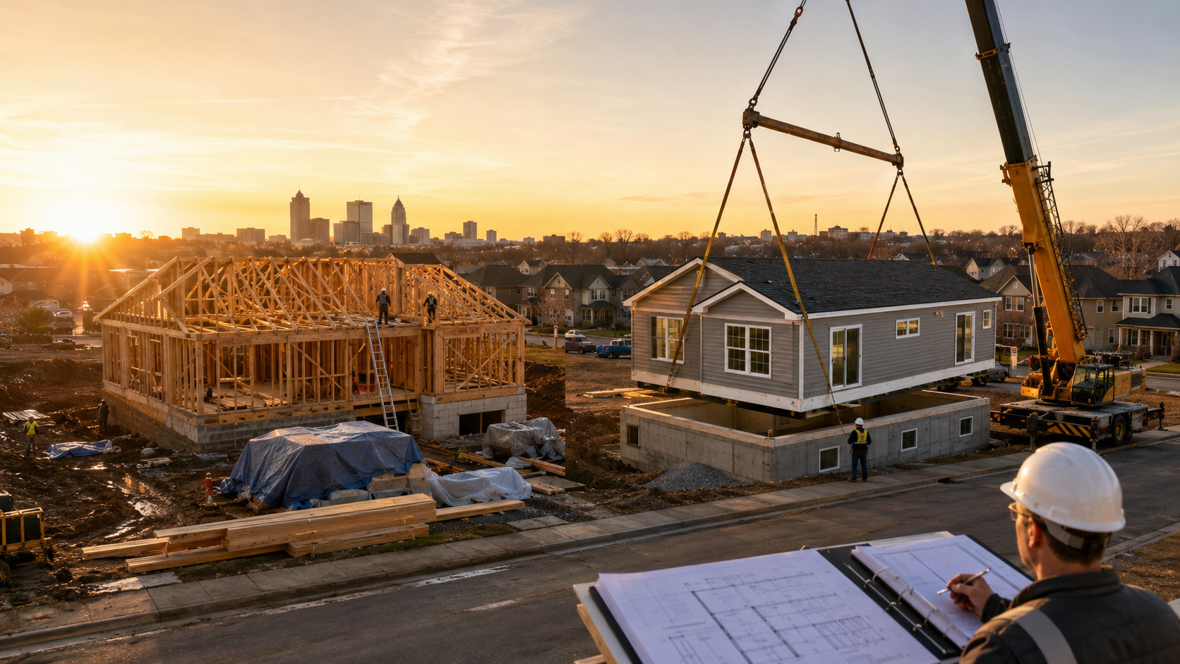 Wide-angle comparison of traditional stick-built home construction versus modular home installation in Kansas City at sunset, showing partially framed house with muddy job site on one side and nearly completed modular home being set by crane on the other in a suburban neighborhood setting.