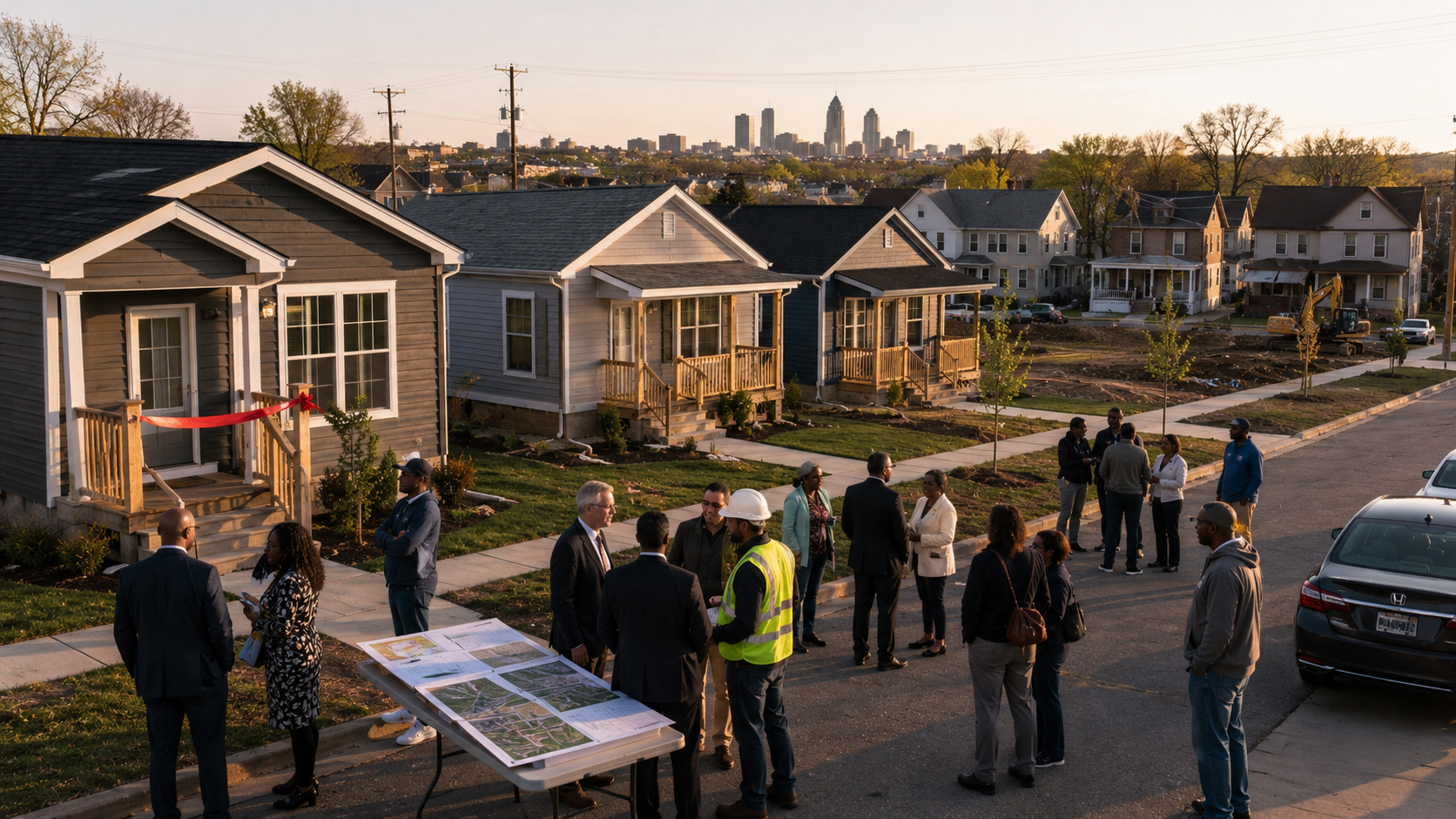 Ribbon-cutting ceremony for new modular CrossMod homes in Kansas City Kansas showing newly completed affordable housing on revitalized urban infill lots with community leaders, developers, and residents gathered in a redeveloping KCK neighborhood at sunset.