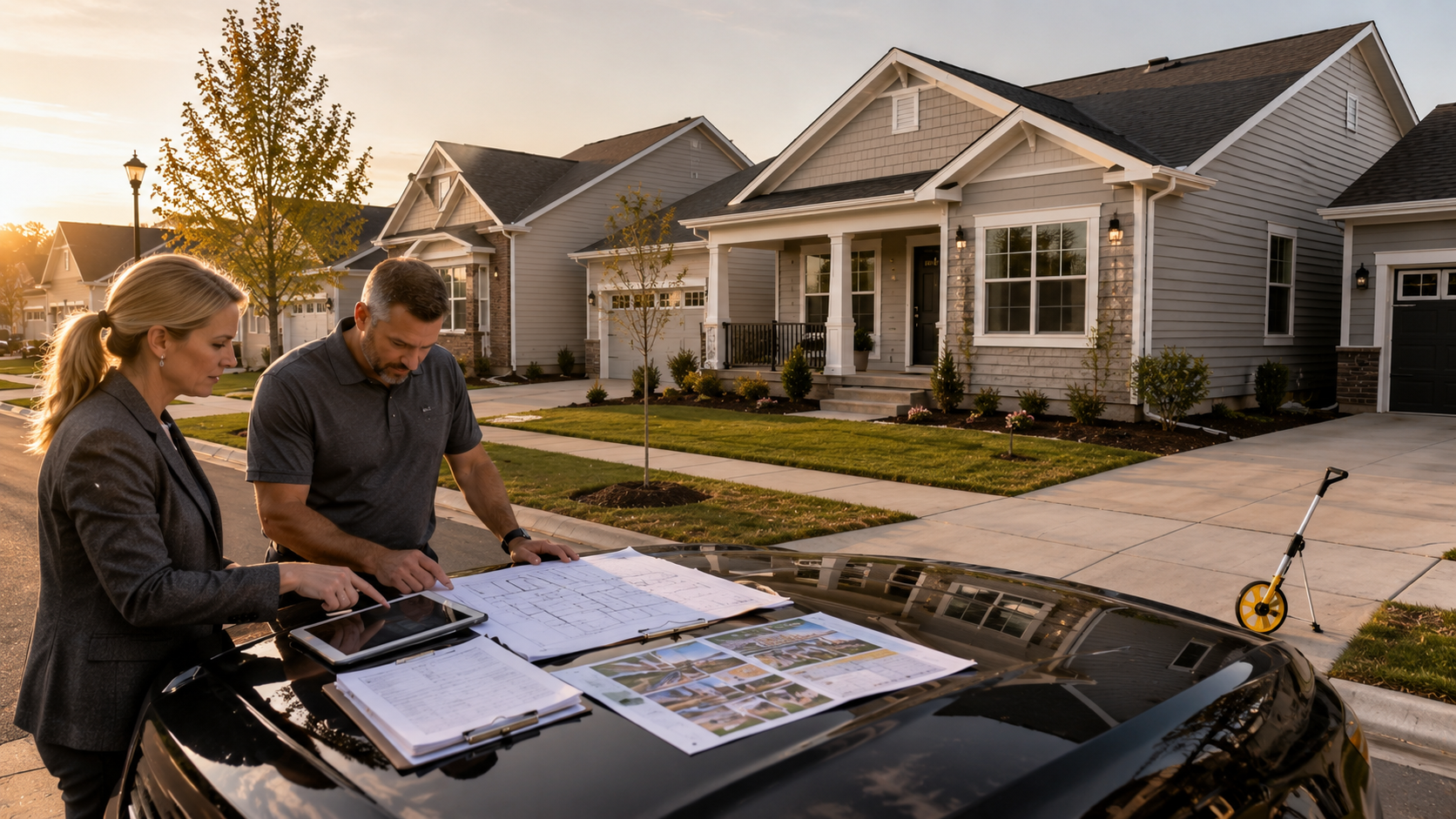 Real estate appraiser and agent reviewing comparable sales and appraisal documents in front of a newly built modular home in a Kansas City suburban neighborhood, illustrating modular home resale value, financing, and appraisal considerations at sunset.