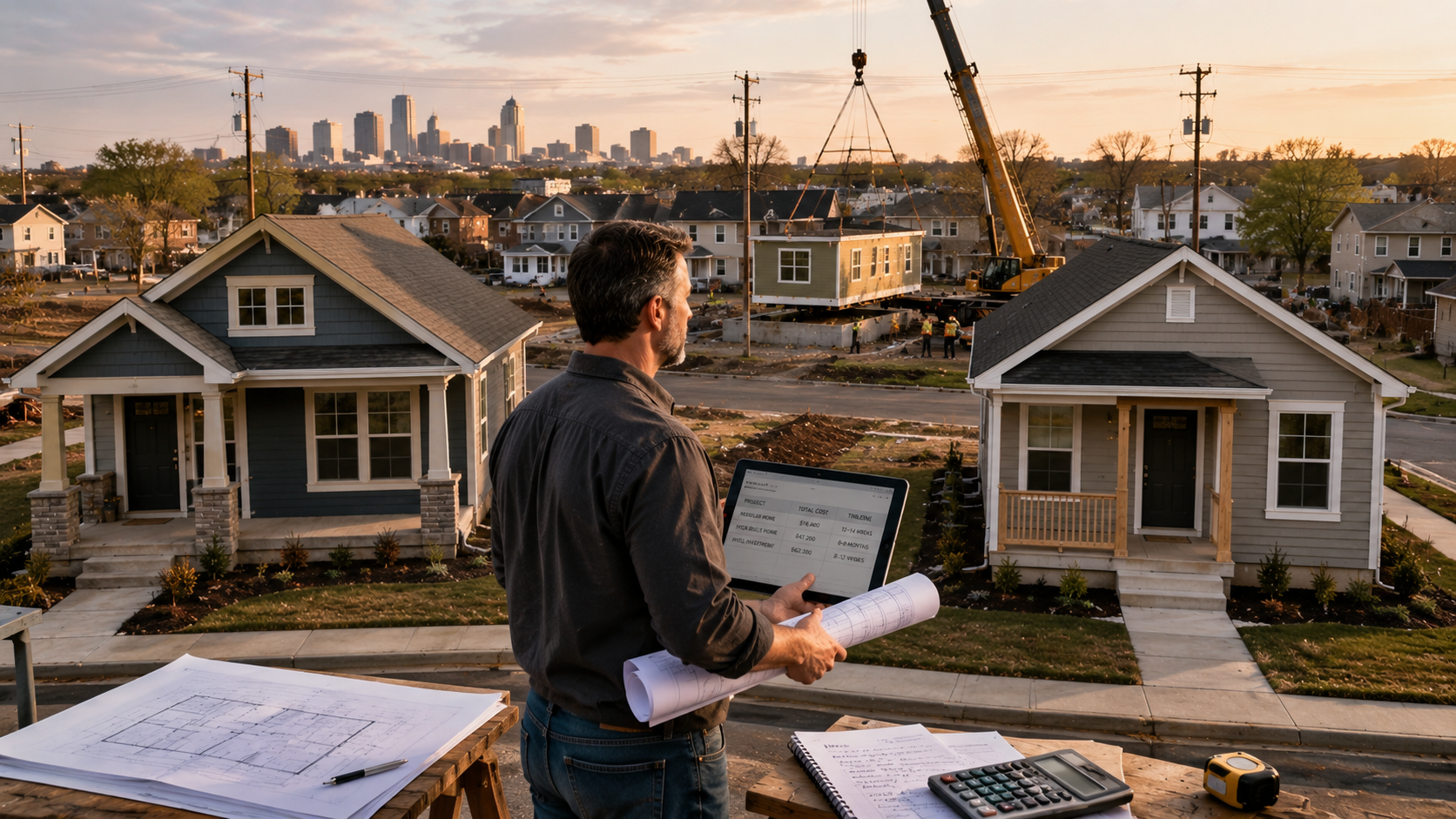 Experienced Kansas City builder reviewing modular and stick-built housing projects in a redeveloping infill neighborhood with affordable homes, construction plans, and modular installation crane in the background, illustrating modular home investment potential and construction efficiency.