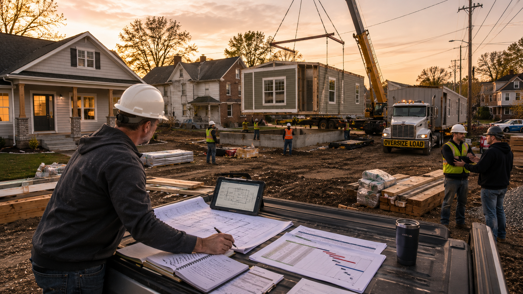 Project manager reviewing construction schedules and blueprints at a modular home installation site in a Kansas City neighborhood with crane delivery, workers, transport trucks, and completed homes, illustrating the real pros and cons of modular home construction.