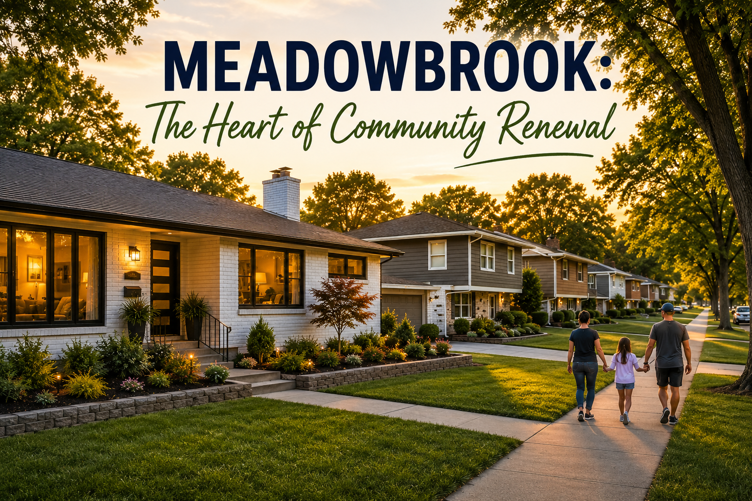 Updated homes in Meadowbrook neighborhood of Gladstone Missouri at sunset with mature trees and the heading “Meadowbrook The Heart of Community Renewal” highlighting community reinvestment and neighborhood value.