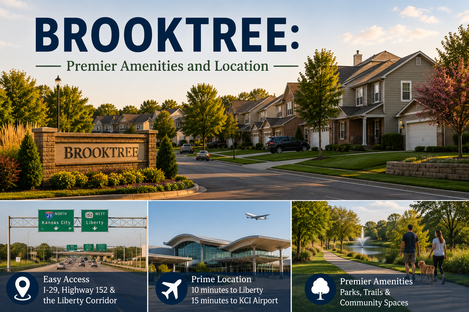 Brooktree neighborhood in Gladstone Missouri featuring updated single-family homes, landscaped streets, neighborhood entrance monument, and headline highlighting premier amenities and convenient Northland location.