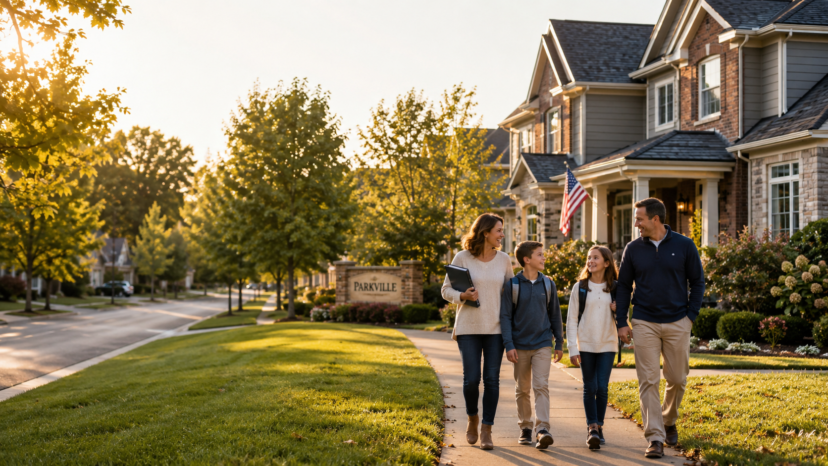 Family walking home in an upscale Parkville Missouri neighborhood highlighting the appeal of Park Hill School District and its impact on long-term home values. Family walking home in an upscale Parkville Missouri neighborhood highlighting the appeal of Park Hill School District and its impact on long-term home values.