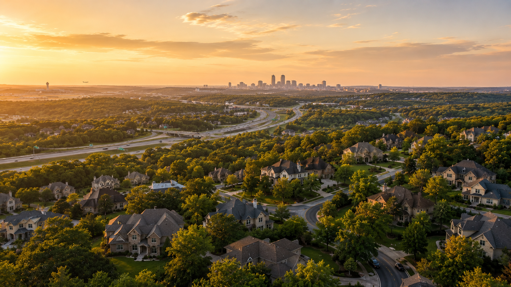 Aerial view of Parkville Missouri showing luxury neighborhoods, highway connectivity, and proximity to downtown Kansas City that supports long-term real estate demand. Aerial view of Parkville Missouri showing luxury neighborhoods, highway connectivity, and proximity to downtown Kansas City that supports long-term real estate demand.