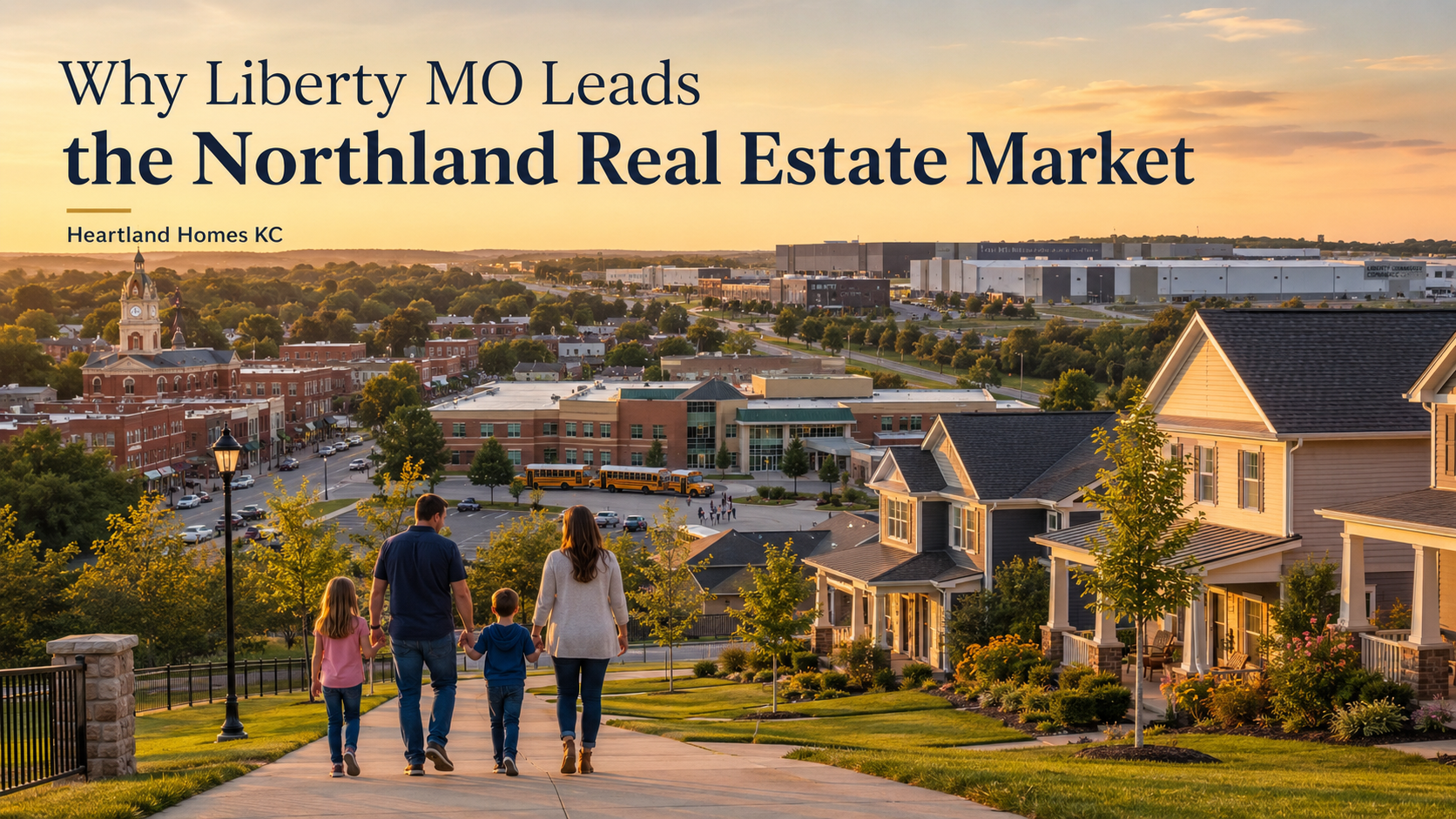 Family walking through a Liberty Missouri neighborhood at sunset with newer homes, historic downtown views, schools, and business growth representing why Liberty leads the Northland real estate market.