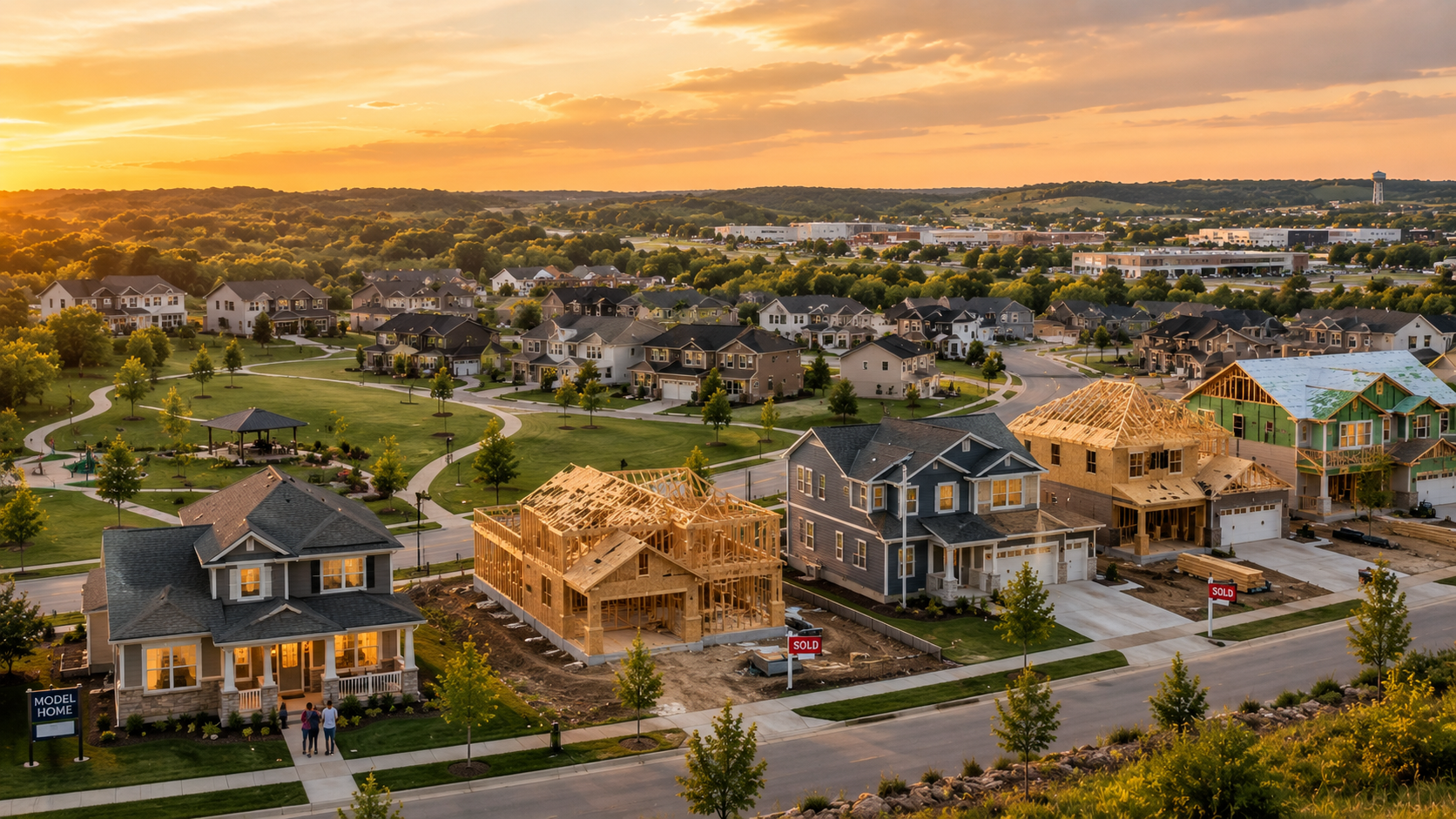 New construction and established neighborhoods in Liberty Missouri at sunset representing rising home values, controlled development, and continued housing market growth.