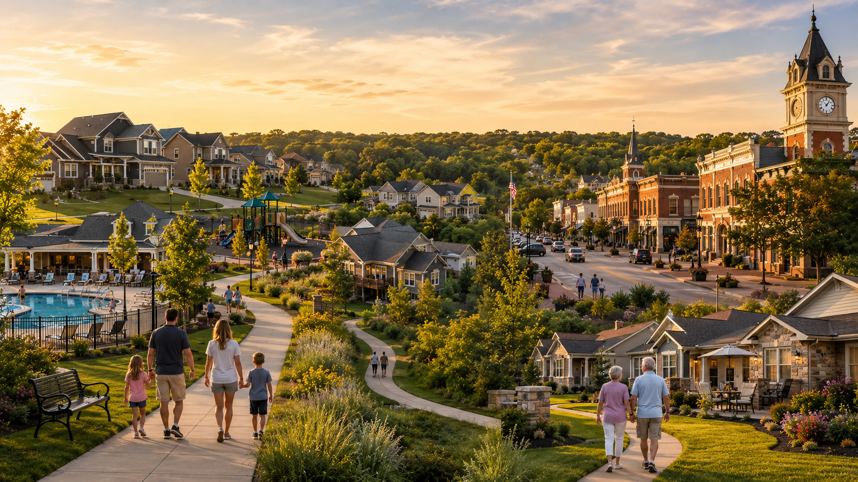 Collage-style lifestyle image showing Liberty Missouri neighborhoods including master-planned communities, nature-focused homes, historic downtown living, and active adult communities.