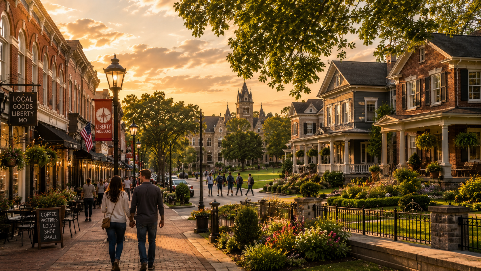 Historic downtown Liberty Missouri with brick storefronts, walkable streets, historic homes, and collegiate atmosphere representing the city’s timeless character and housing appeal.