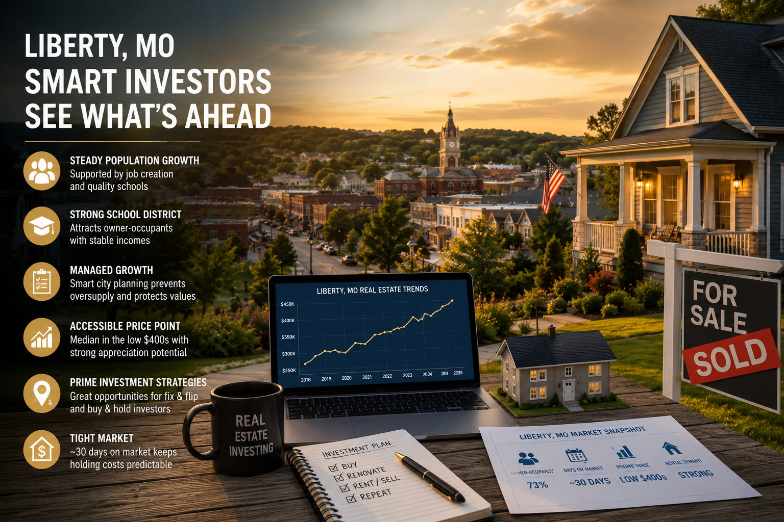 Real estate investment concept in Liberty Missouri featuring a historic downtown backdrop, residential homes, market growth visuals, and investment planning elements representing strong appreciation potential and long-term housing demand.