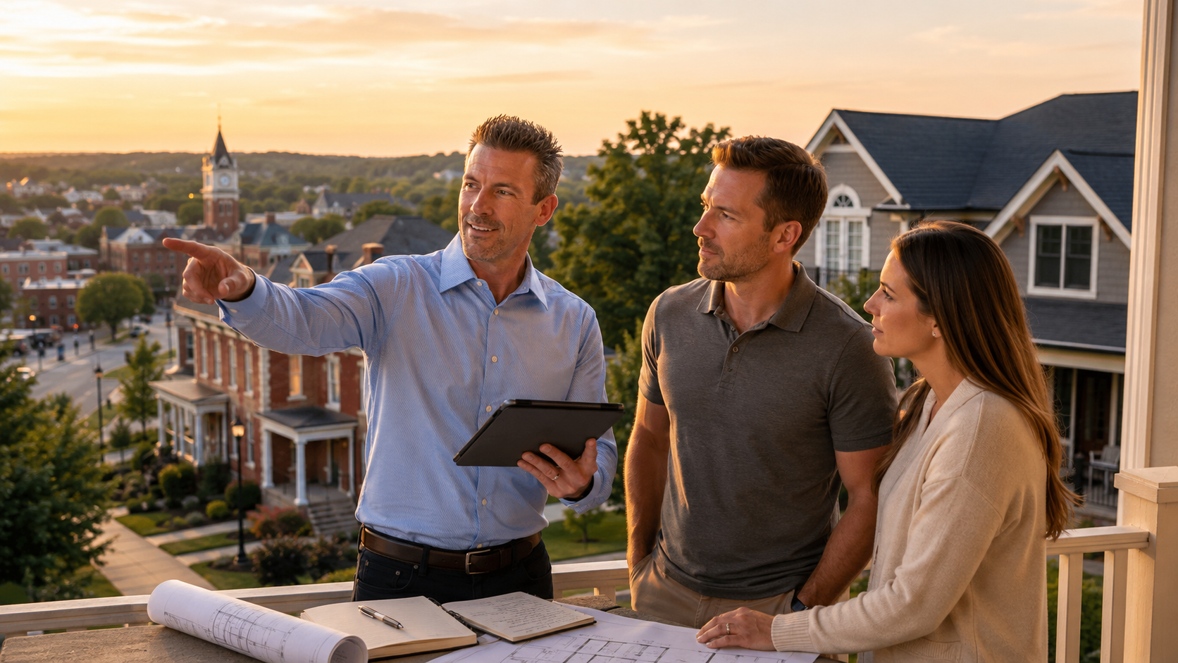 Real estate advisor touring buyers through a Liberty Missouri home while reviewing architectural plans and market analysis to represent local expertise and strategic home buying guidance.