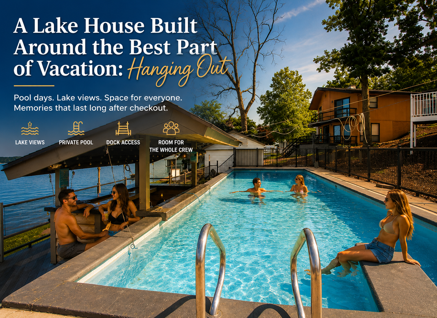 Luxury Lake Ozark vacation rental with private pool, swim-up bar, lake views, dock access, and outdoor gathering space for group vacations.