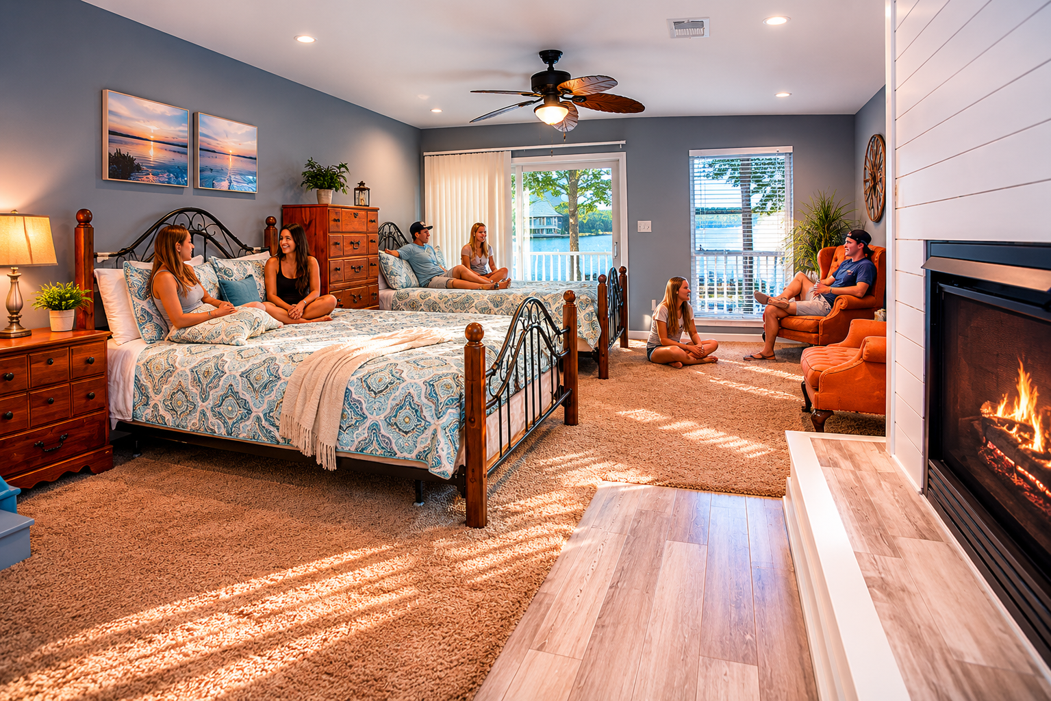Spacious Lake Ozark vacation rental bedroom with two queen beds, fireplace, lake views, and flexible sleeping space for larger groups.