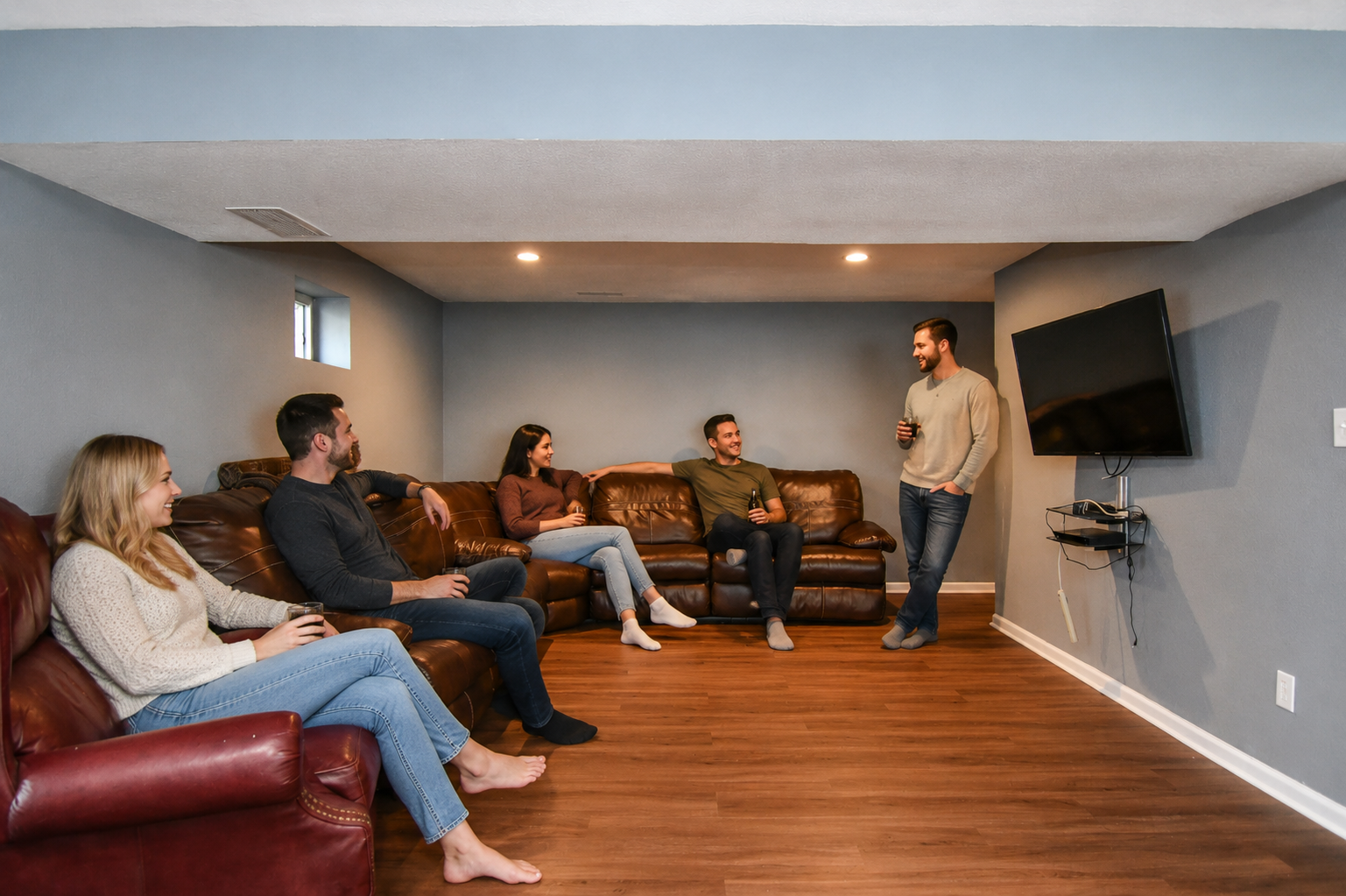 Lake Ozark vacation rental basement lounge with guests relaxing on sectional seating, creating a comfortable indoor hangout space for rainy days and late-night group gatherings.