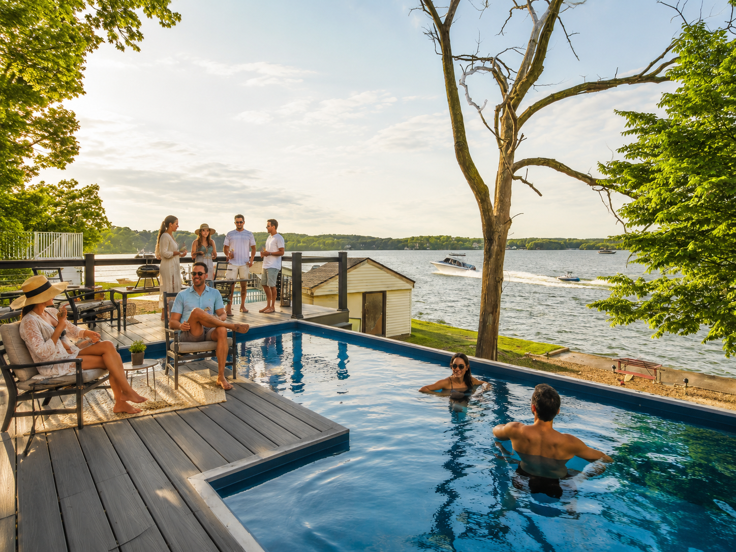 Lake Ozark vacation rental with private saltwater pool, large deck, main channel lake views, and guests relaxing while boats pass in the background. Lake Ozark vacation rental with private saltwater pool, large deck, main channel lake views, and guests relaxing while boats pass in the background.
