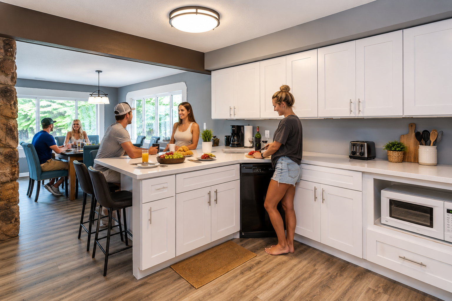 Renovated Lake Ozark vacation rental kitchen with white cabinets, quartz counters, wet bar seating, and guests enjoying breakfast together. Renovated Lake Ozark vacation rental kitchen with white cabinets, quartz counters, wet bar seating, and guests enjoying breakfast together.
