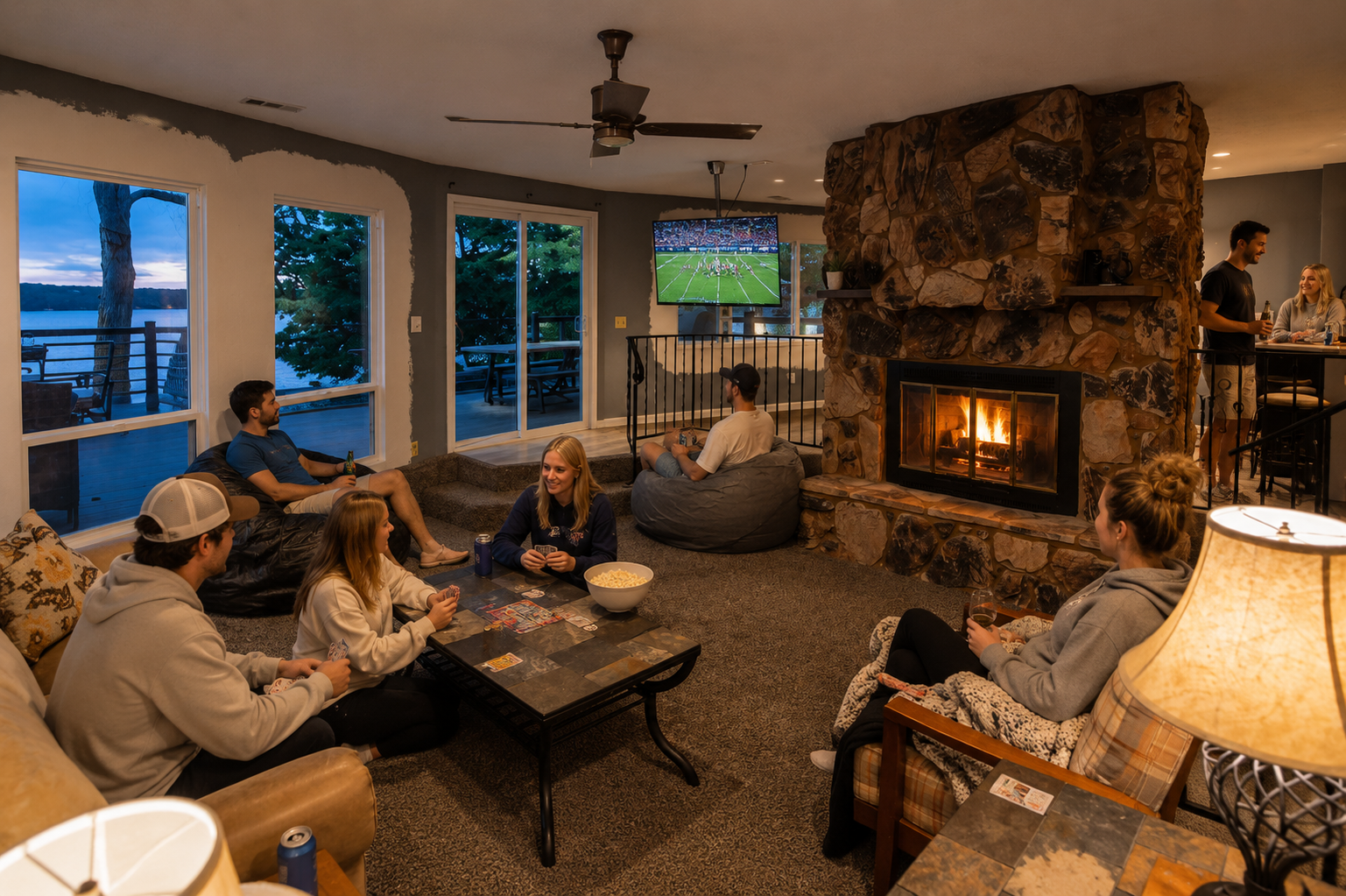 Cozy Lake Ozark vacation rental lower-level living room with stone fireplace, lake views, TV, and guests playing cards during a group getaway. Cozy Lake Ozark vacation rental lower-level living room with stone fireplace, lake views, TV, and guests playing cards during a group getaway.