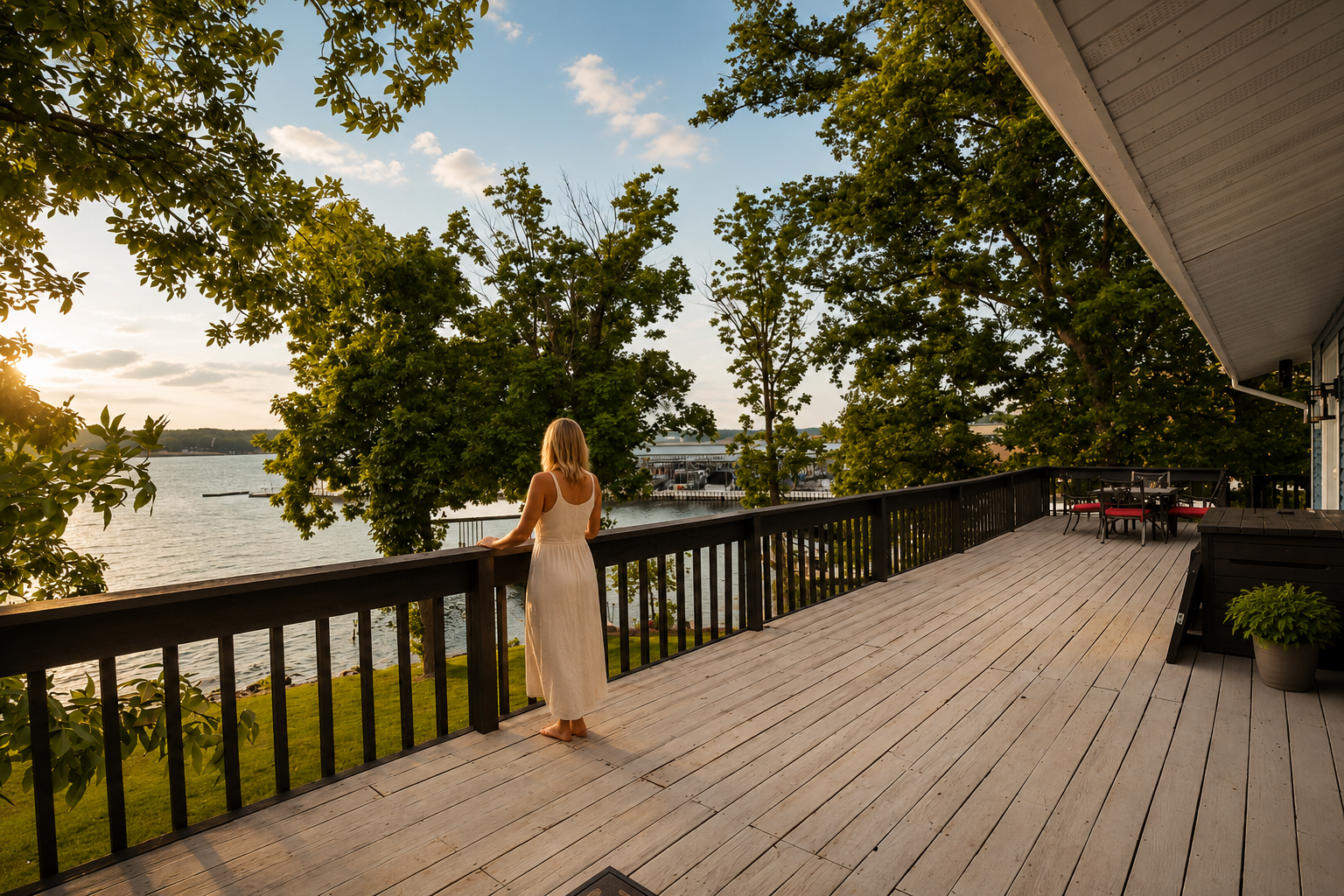 Guest enjoying the lake view from the spacious deck at Amazing Blue Dreams, a waterfront Lake Ozark vacation rental for large groups. Guest enjoying the lake view from the spacious deck at Amazing Blue Dreams, a waterfront Lake Ozark vacation rental for large groups.