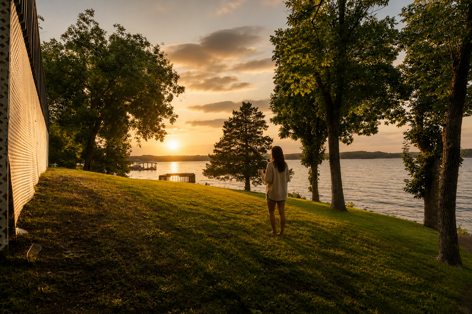 Guest enjoying the sunset lake view from the grassy waterfront yard at Amazing Blue Dreams, a Lake Ozark vacation rental near H. Toad’s and Shady Gators. Guest enjoying the sunset lake view from the grassy waterfront yard at Amazing Blue Dreams, a Lake Ozark vacation rental near H. Toad’s and Shady Gators.