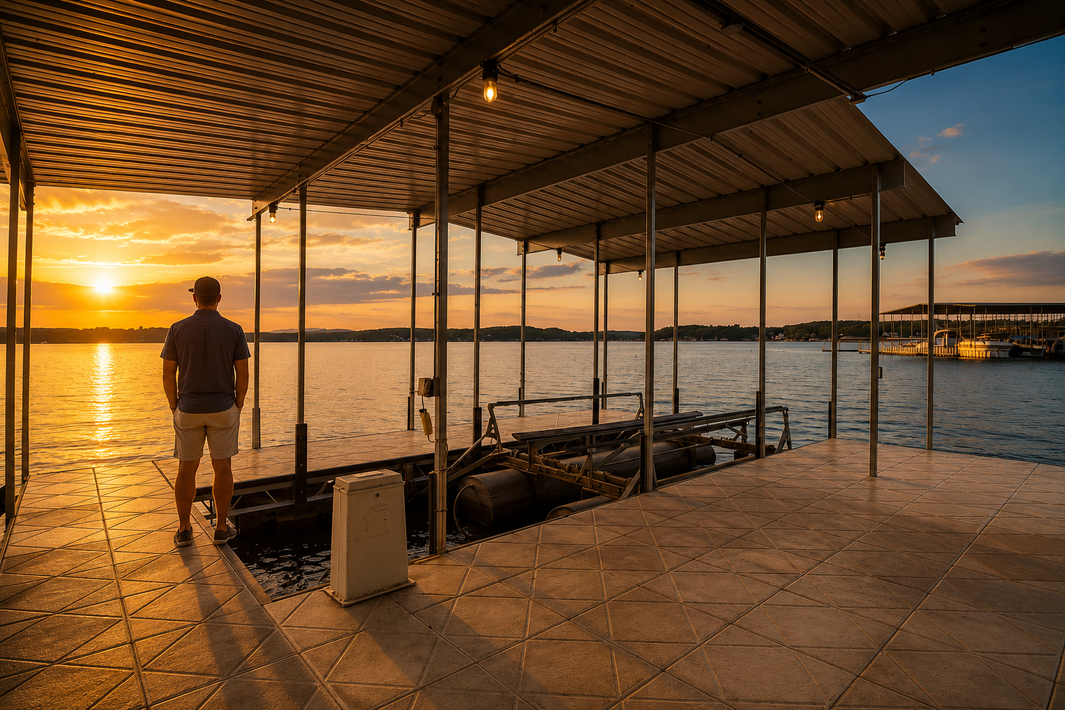 Guest standing on the private dock at sunset at Amazing Blue Dreams, a waterfront Lake Ozark vacation rental with boat slip and lake access. Guest standing on the private dock at sunset at Amazing Blue Dreams, a waterfront Lake Ozark vacation rental with boat slip and lake access.