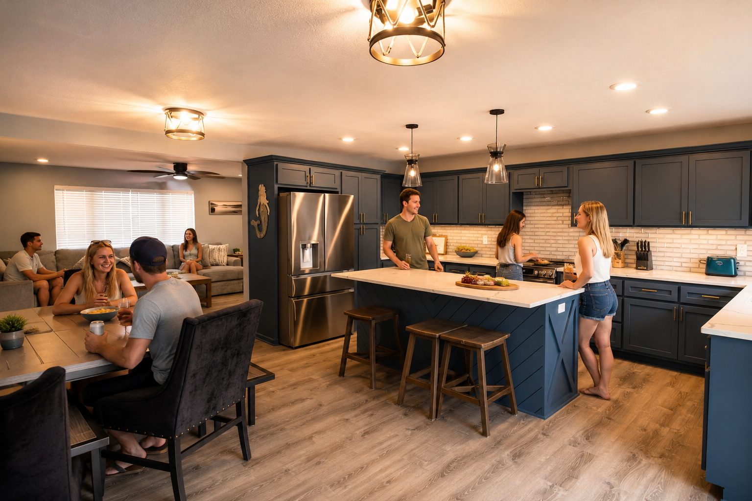Friends enjoying the open kitchen and living space at Amazing Blue Dreams, a group-friendly Lake Ozark vacation rental with a full kitchen and waterfront access. Friends enjoying the open kitchen and living space at Amazing Blue Dreams, a group-friendly Lake Ozark vacation rental with a full kitchen and waterfront access.