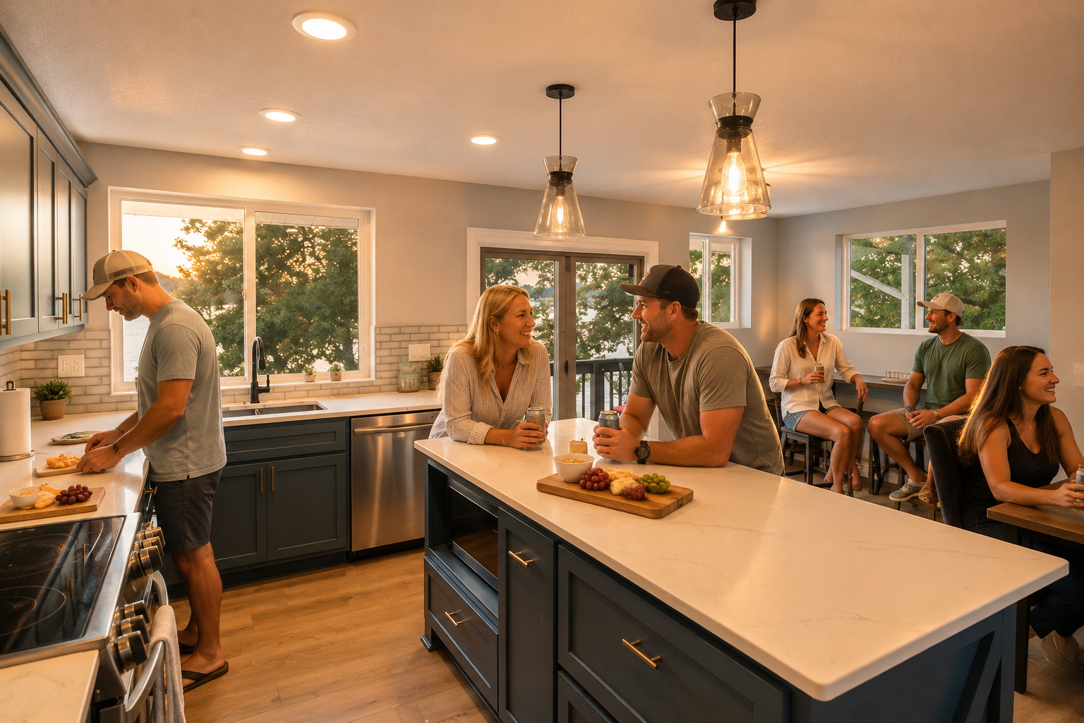 Guests enjoying the modern kitchen and open gathering space at Amazing Blue Dreams, a clean and comfortable Lake Ozark vacation rental for group getaways. Guests enjoying the modern kitchen and open gathering space at Amazing Blue Dreams, a clean and comfortable Lake Ozark vacation rental for group getaways.