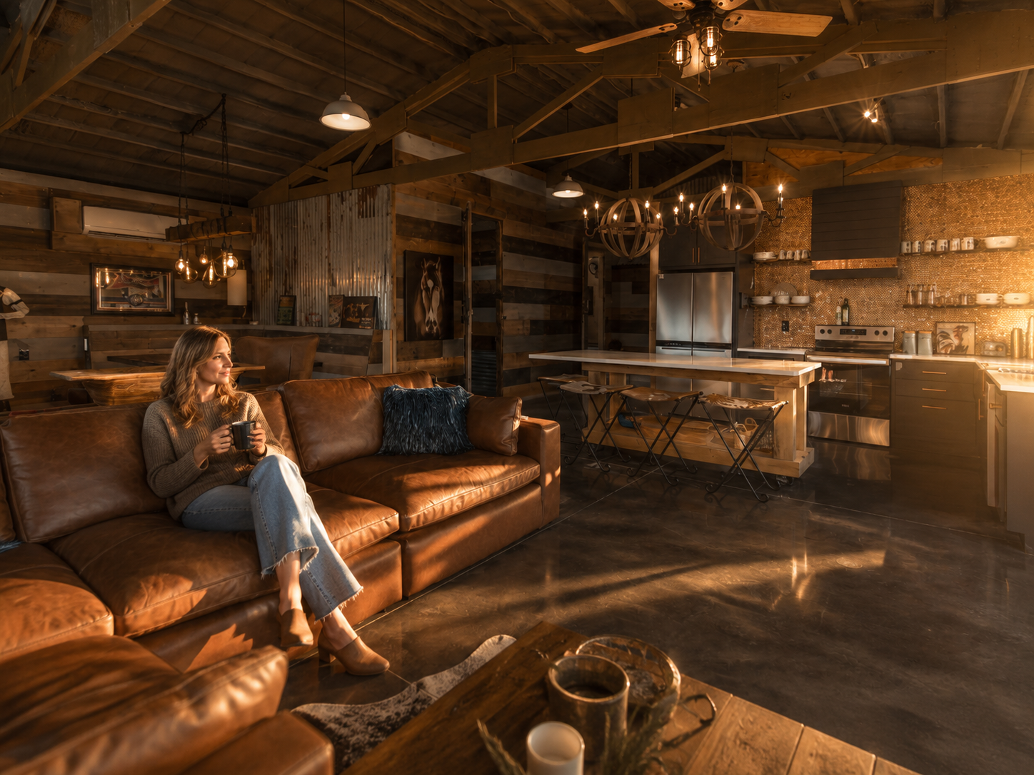 Rustic luxury barn stay interior at Free Bird Farms with a guest relaxing on a leather sofa, warm golden-hour light, vaulted beams, and farmhouse kitchen. Rustic luxury barn stay interior at Free Bird Farms with a guest relaxing on a leather sofa, warm golden-hour light, vaulted beams, and farmhouse kitchen.