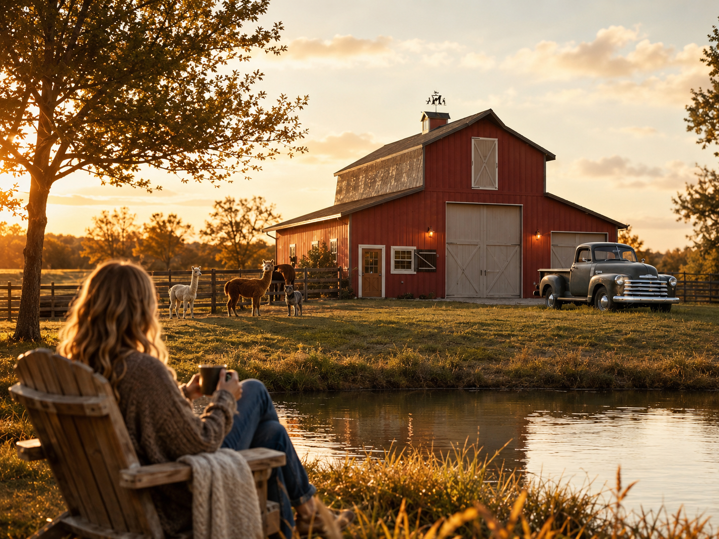 Peaceful Missouri farm stay at golden hour with a guest relaxing by the pond, alpacas near the red barn, and a vintage truck at Free Bird Farms. Peaceful Missouri farm stay at golden hour with a guest relaxing by the pond, alpacas near the red barn, and a vintage truck at Free Bird Farms.