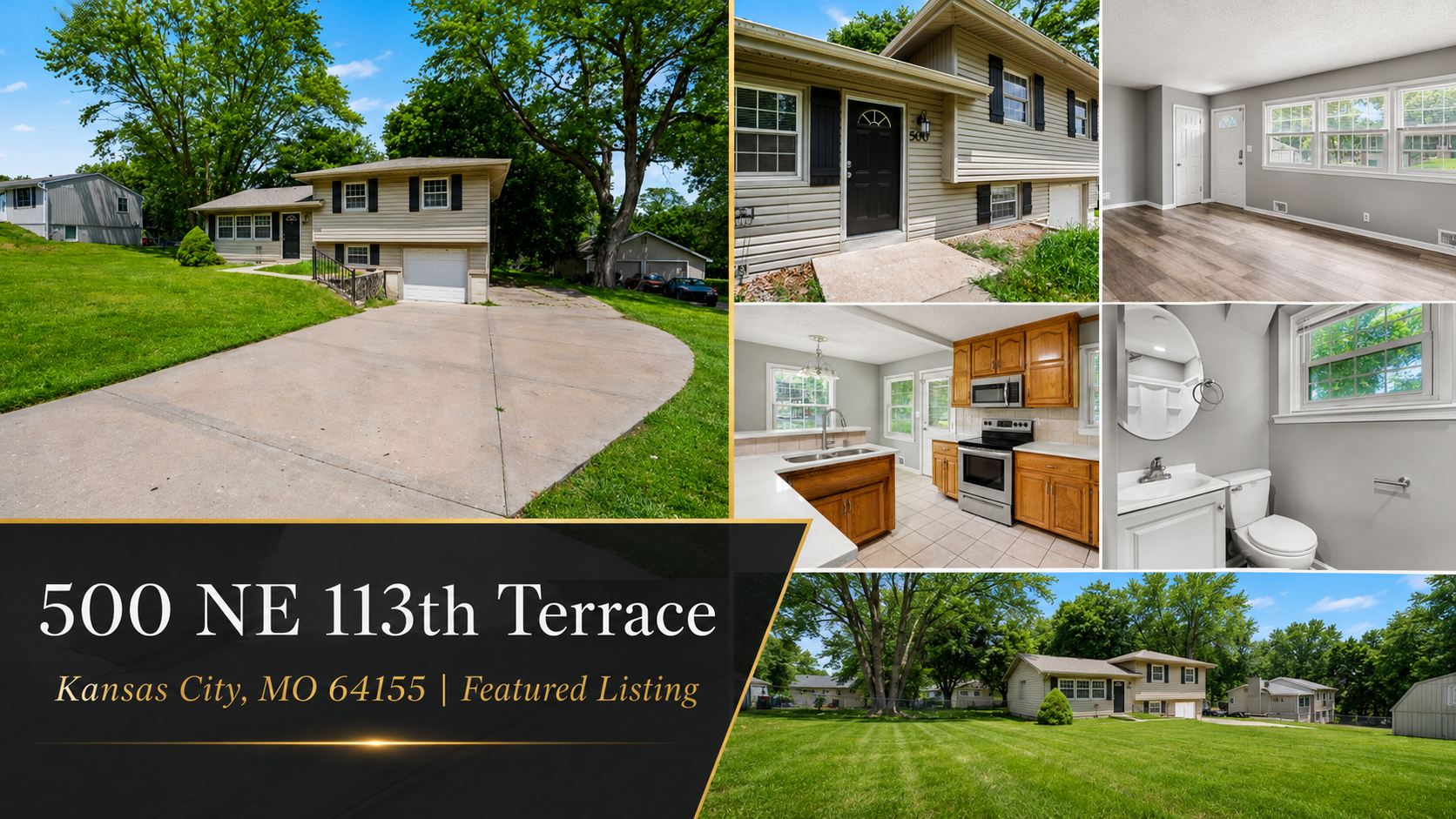 500 NE 113th Terrace Kansas City MO featured listing collage showing exterior, living room, kitchen, bathroom, and large yard. 500 NE 113th Terrace Kansas City MO featured listing collage showing exterior, living room, kitchen, bathroom, and large yard.
