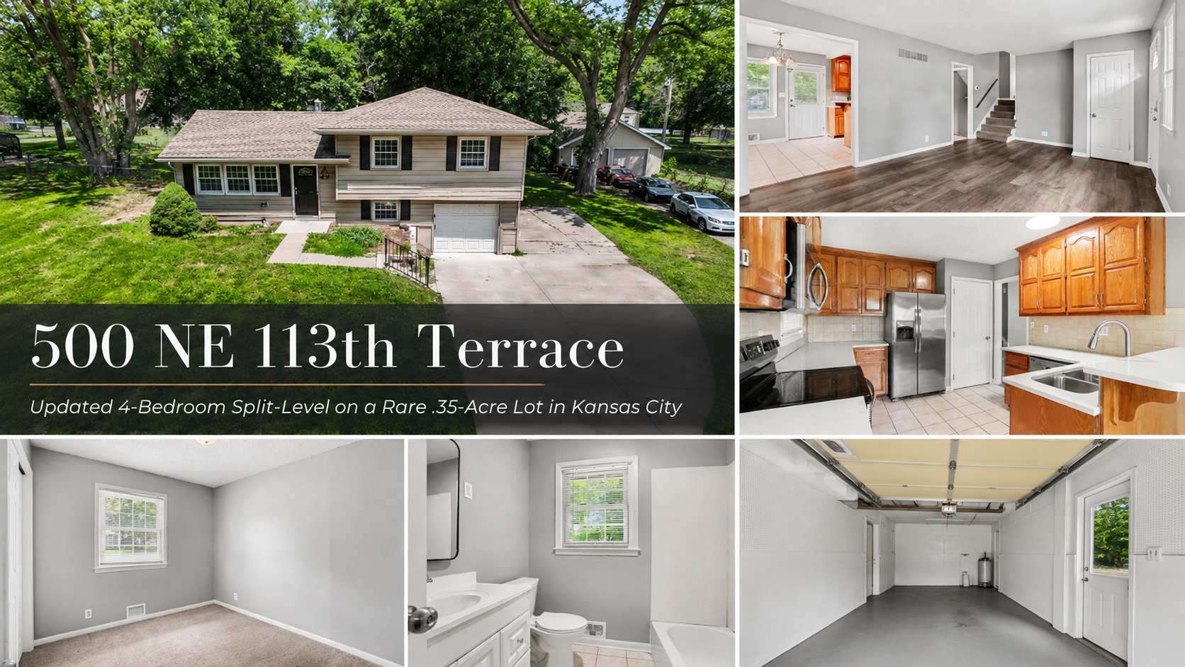 500 NE 113th Terrace Kansas City MO featured listing collage showing updated 4-bedroom split-level home, kitchen, living room, bedroom, bathroom, and garage. 500 NE 113th Terrace Kansas City MO featured listing collage showing updated 4-bedroom split-level home, kitchen, living room, bedroom, bathroom, and garage.