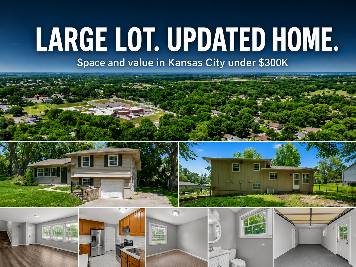 Large lot updated home in Kansas City under $300K featuring 500 NE 113th Terrace, exterior views, living room, kitchen, bedroom, bathroom, and garage. Large lot updated home in Kansas City under $300K featuring 500 NE 113th Terrace, exterior views, living room, kitchen, bedroom, bathroom, and garage.