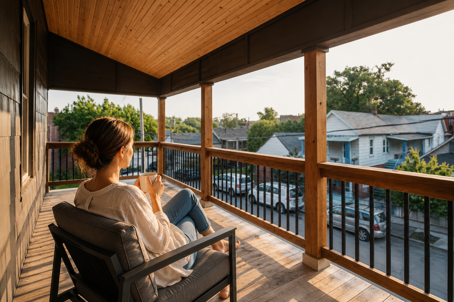 Woman relaxing with coffee on a covered upper-level deck overlooking a quiet Kansas City neighborhood at golden hour. Woman relaxing with coffee on a covered upper-level deck overlooking a quiet Kansas City neighborhood at golden hour.