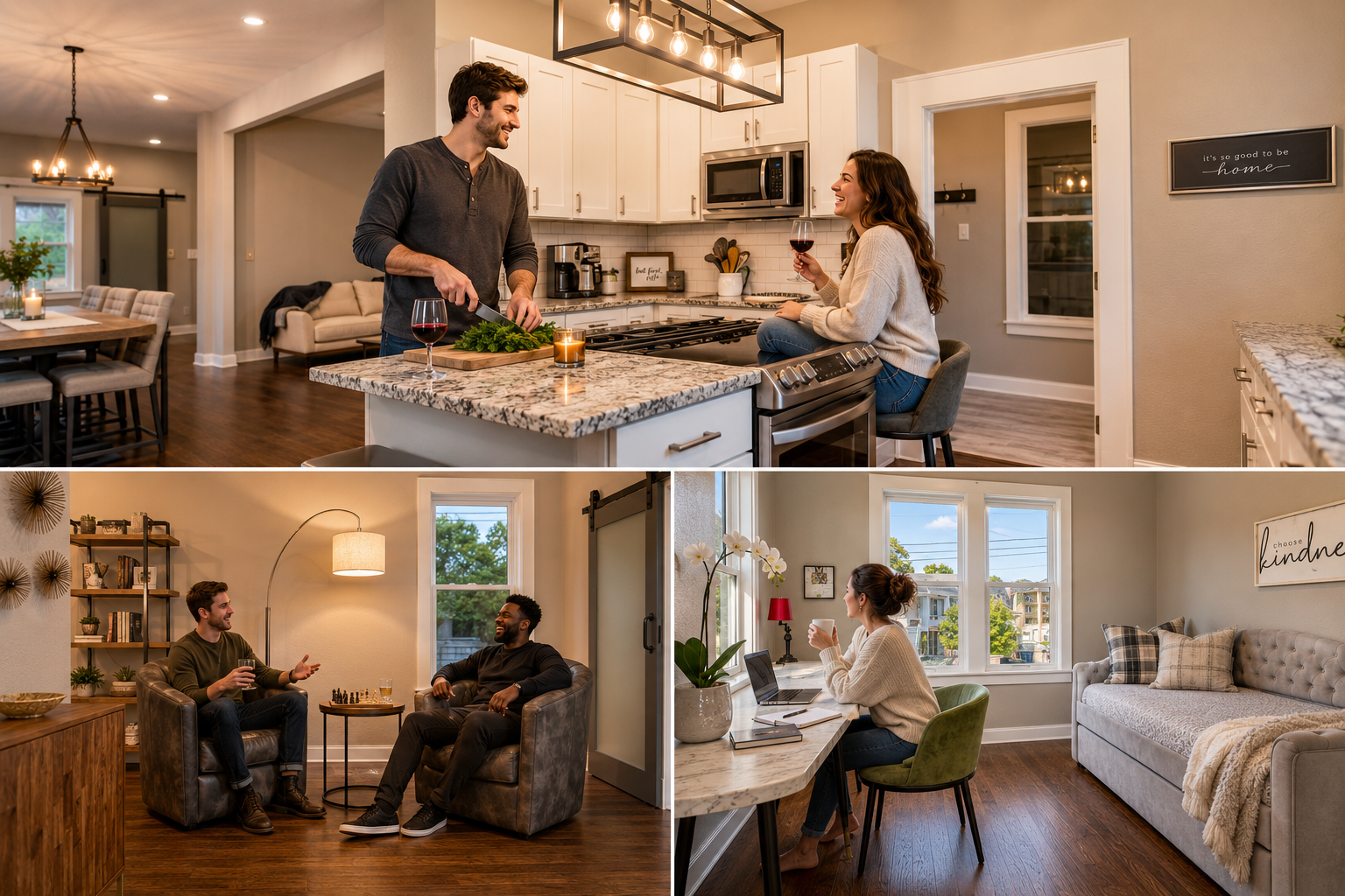 Lifestyle collage of a modern Kansas City home showing a couple cooking in the kitchen, friends relaxing in the living room, and a woman working from a bright bedroom workspace. Lifestyle collage of a modern Kansas City home showing a couple cooking in the kitchen, friends relaxing in the living room, and a woman working from a bright bedroom workspace.