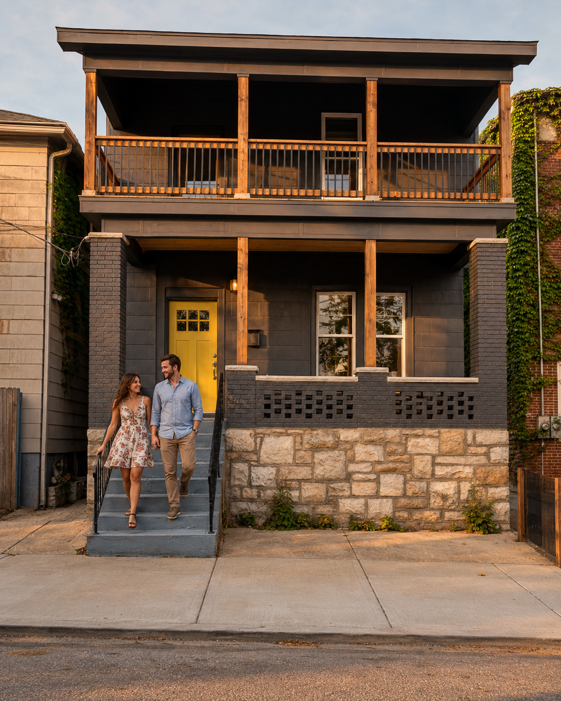 Couple walking down the front steps of a renovated two-story Kansas City home with a yellow front door, covered porch, and upper deck in golden afternoon light. Couple walking down the front steps of a renovated two-story Kansas City home with a yellow front door, covered porch, and upper deck in golden afternoon light.