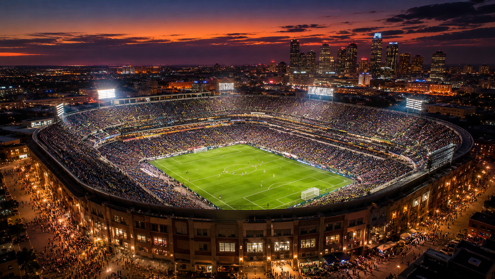 Aerial evening view of a packed soccer match in a floodlit stadium with a glowing city skyline in the background. Aerial evening view of a packed soccer match in a floodlit stadium with a glowing city skyline in the background.