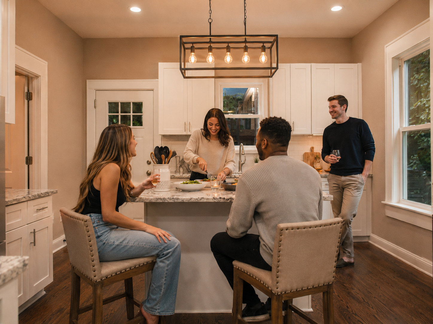 Four friends gathered around a bright white kitchen island in a modern home, enjoying drinks and conversation under warm pendant lighting. Four friends gathered around a bright white kitchen island in a modern home, enjoying drinks and conversation under warm pendant lighting.