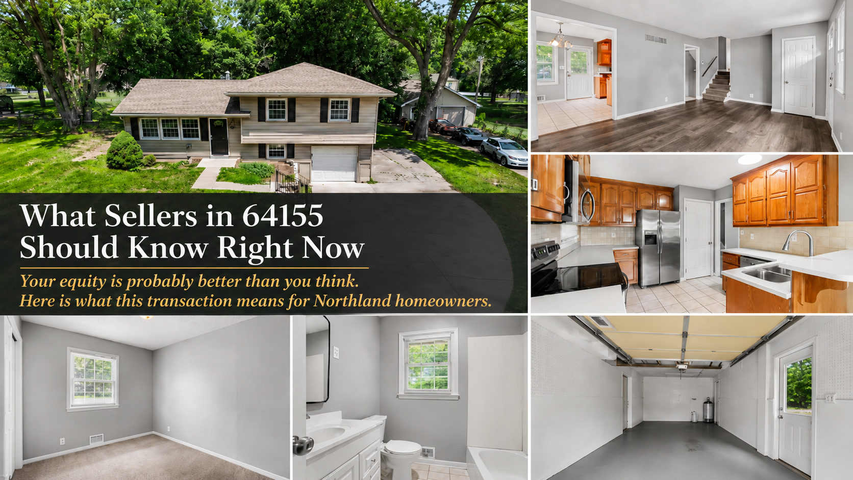 500 NE 113th Terrace Kansas City 64155 real estate collage showing updated interiors, kitchen, bedroom, bathroom, garage, and seller market message for Northland homeowners. 500 NE 113th Terrace Kansas City 64155 real estate collage showing updated interiors, kitchen, bedroom, bathroom, garage, and seller market message for Northland homeowners.