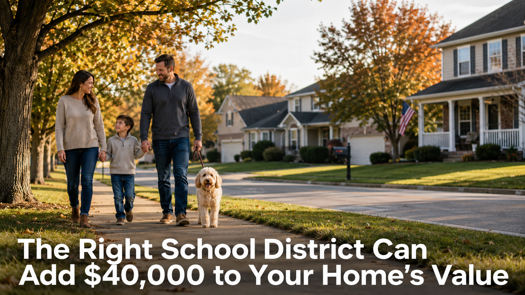 Photorealistic Liberty Missouri neighborhood with a family walking a dog on a tree-lined sidewalk, fall foliage, well-kept suburban homes, and headline text reading “The Right School District Can Add $40,000 to Your Home’s Value.