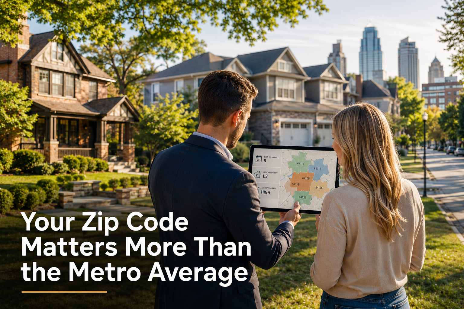 Photorealistic Kansas City real estate advisor showing a homeowner zip code absorption rate data on a tablet, with neighborhood homes, mature trees, downtown skyline, and headline text reading “Your Zip Code Matters More Than the Metro Average.