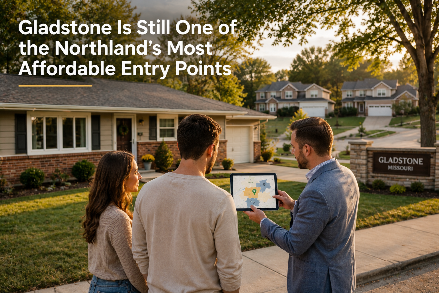 Photorealistic Gladstone Missouri real estate scene with buyers and an advisor reviewing a neighborhood map outside an affordable ranch home, with headline text reading “Gladstone Is Still One of the Northland’s Most Affordable Entry Points.